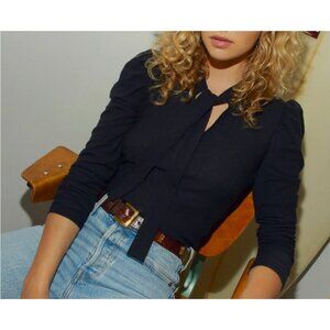 Nation Ltd Shirt Womens size XS evette puff sleeve top black ties at neckline